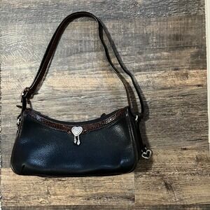 Brighton Black Pebbled Leather Shoulder Bag Brown Croc Trim Heart Hardware